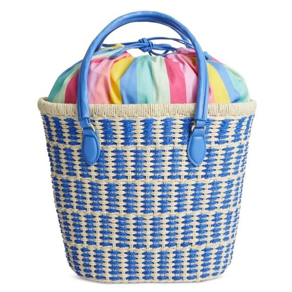 On 34th Isabellaa Women's Straw Medium Drawstring Tote Blue Stripe (MSRP $130) - Picture 1 of 8